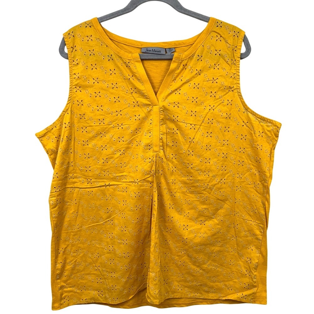 Jason Maxwell Women Eyelet Tunic Top Blouse V Neck Sleeveless Mustard Yellow XL*